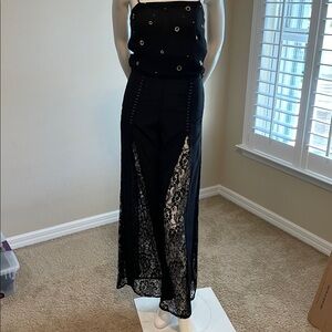 Haute Hippie High Waist Wide Leg Crepe Silk Pants Front Back Lace Insets 6 EC